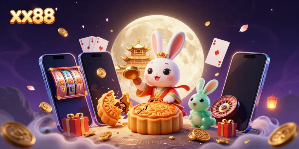 Engage with xx88's fun-filled 3D moon rabbit scene featuring playful casino elements and vibrant colors.