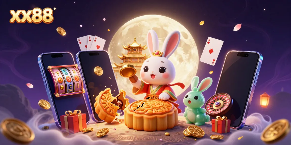 Engage with xx88's fun-filled 3D moon rabbit scene featuring playful casino elements and vibrant colors.
