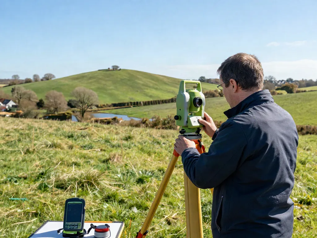 Topographical Survey Surrey with a surveyor using a total station on scenic land, enhancing land measurement accuracy.