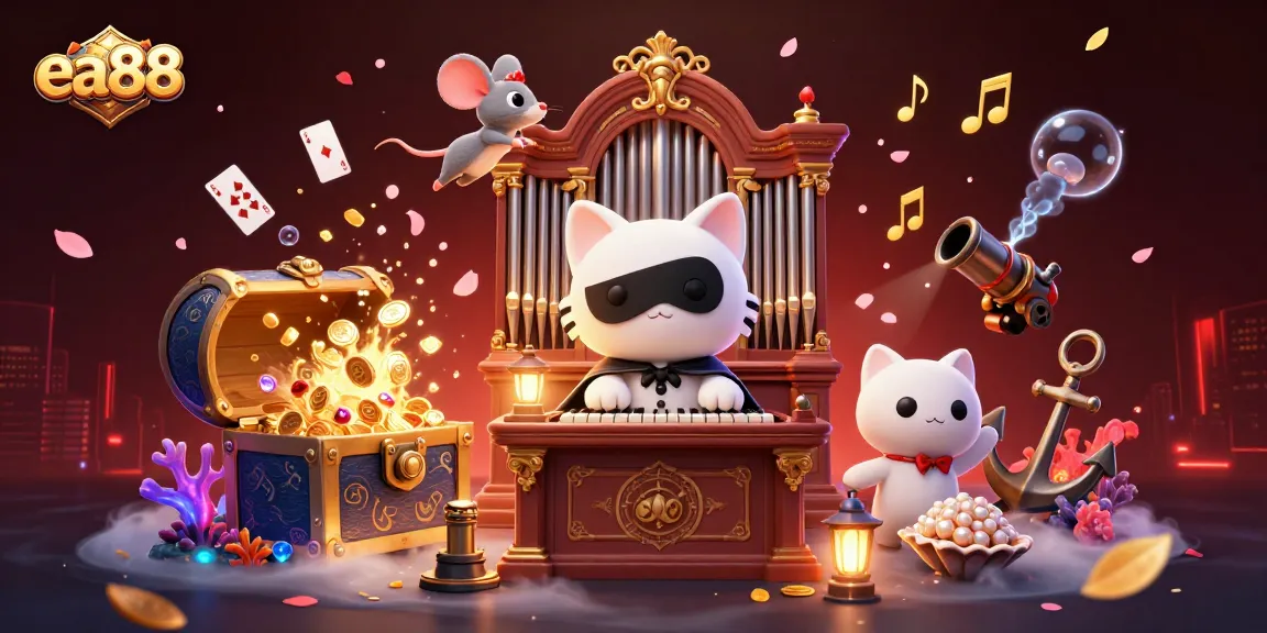 Experience excitement at ea88 with a captivating gaming scene featuring a masked cat and enchanting treasures.