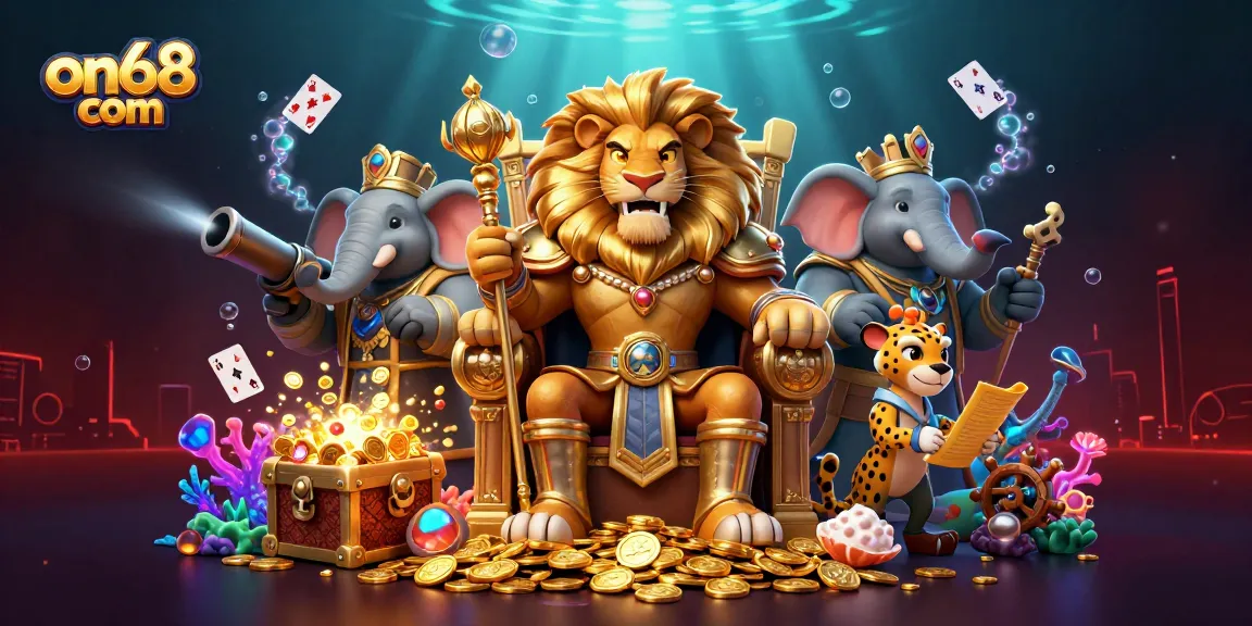 Experience thrilling gaming with on68 com, featuring fierce lion king and vibrant underwater treasures.