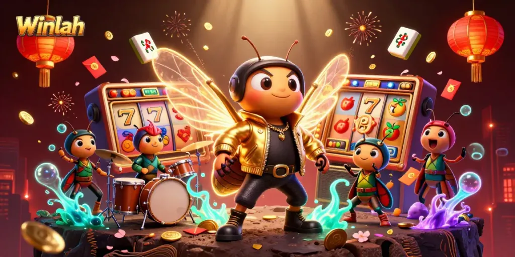 Winlah captures thrilling slot action in a vibrant, dynamic 3D scene packed with casino elements.