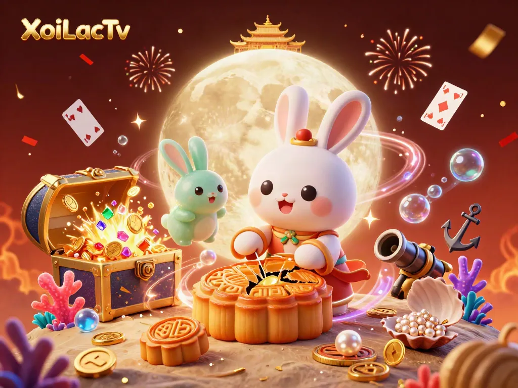 XoiLacTv showcases a moon rabbit character amidst casino-themed elements, symbolizing fortune and gaming excitement.