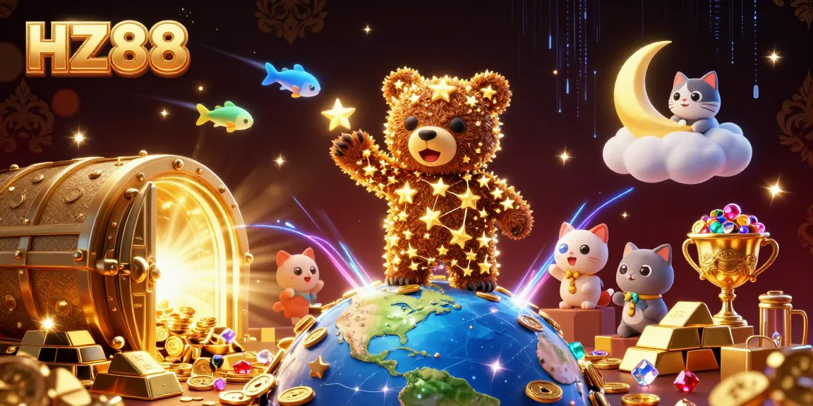 Engage with HZ88 as the constellation bear scoops gold coins, surrounded by jewels and treasures in a vibrant casino scene.