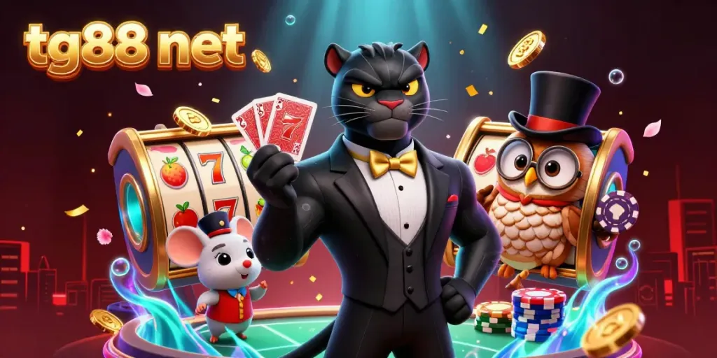 Experience the excitement of tg88 net with vibrant casino characters engaging in thrilling card games amidst dynamic slot machines.
