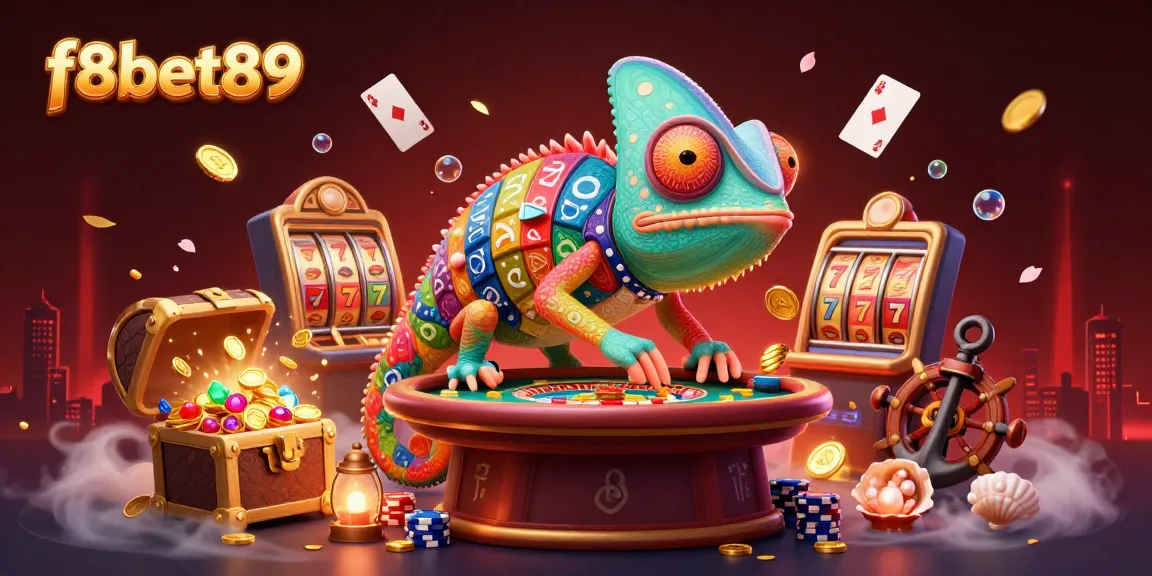 Engaging f8bet89 casino scene with a colorful chameleon owner attracting golden coins amid casino elements.
