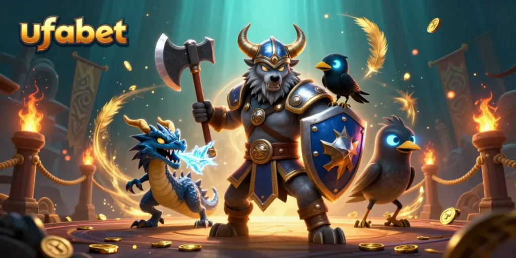 Experience the thrill of ufabet with a 3D Viking warrior and dragon surrounded by casino elements.