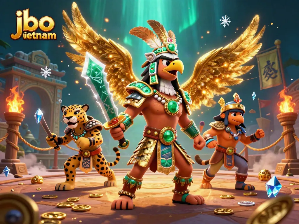 Play with jbo vietnam in vibrant 3D casino arena featuring warriors, coins, and dynamic elements.