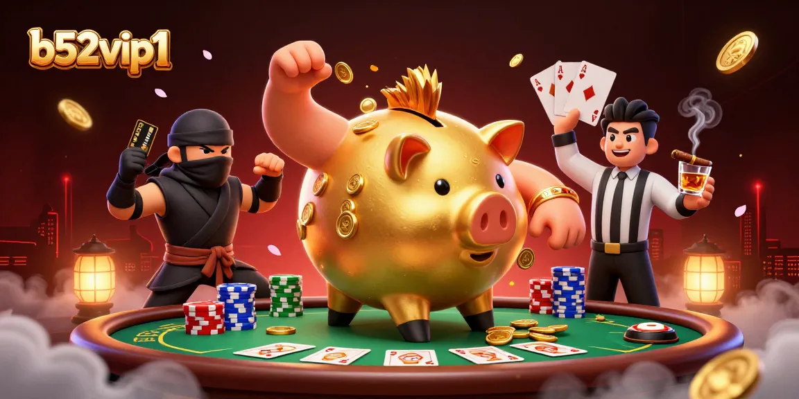 Engage with b52vip1's gaming thrill featuring a giant piggy bank sumo wrestler among vibrant poker elements.