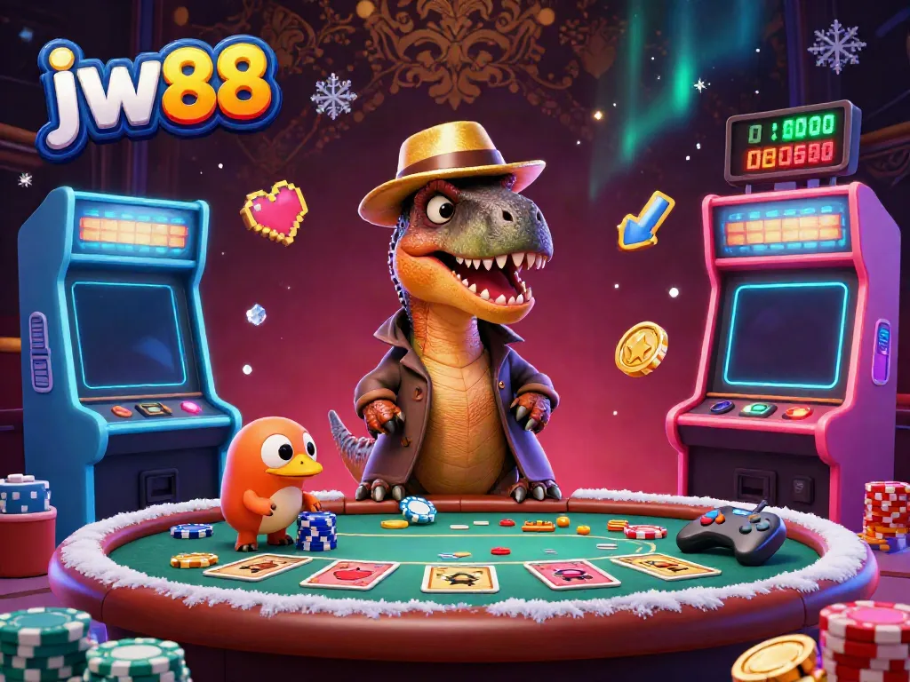 Play at jw88 with a cartoon velociraptor card counter at a blackjack table amidst a vibrant casino backdrop.