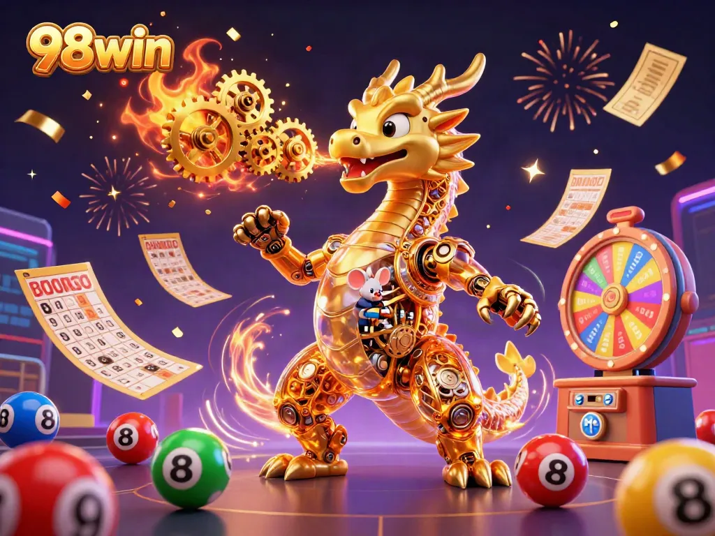 Engage with thrilling games at 98win, featuring vibrant lottery elements and a whimsical golden dragon.