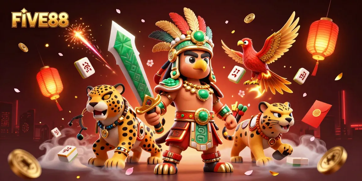 Experience thrilling gameplay with FIVE88’s Aztec-inspired casino warriors in a vibrant, festive scene.