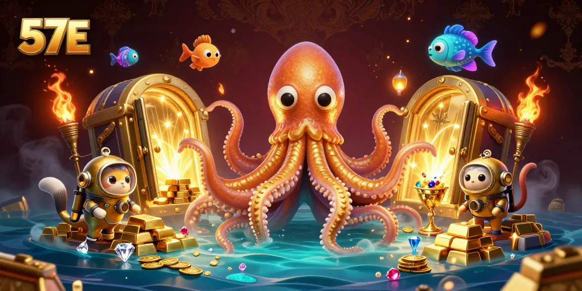 Experience thrilling gaming at 57E with a treasure-filled underwater adventure featuring a kraken and diving cat.
