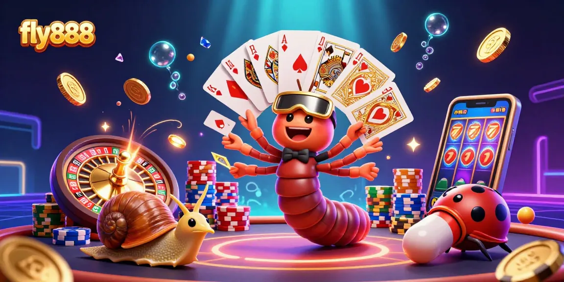 Engage in thrilling gameplay with fly888 featuring a cartoon millipede dealer fanning playing cards in a vibrant casino scene.