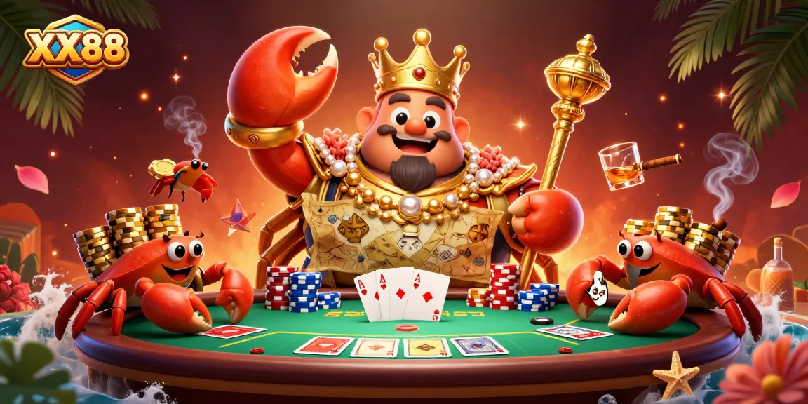 Experience gaming excitement at XX88 with a golden crab emperor, poker elements, and vibrant casino atmosphere.