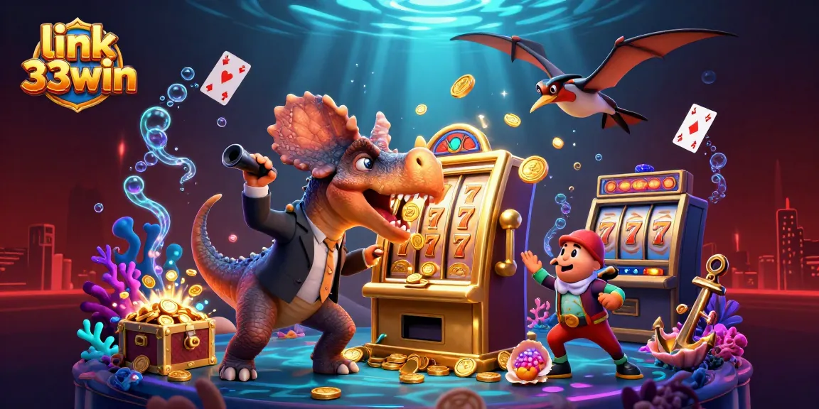 Win big with link 33win as a cartoon dinosaur plays slots, capturing the excitement of gambling.