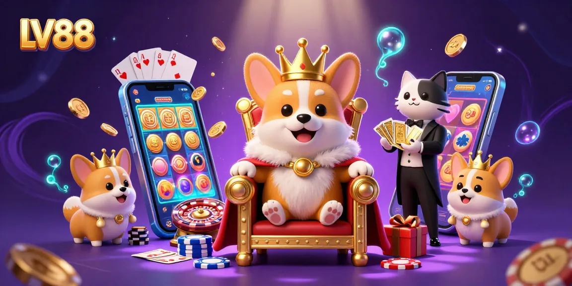 Experience the thrill of LV88 with a playful royal corgi and vibrant gaming elements.