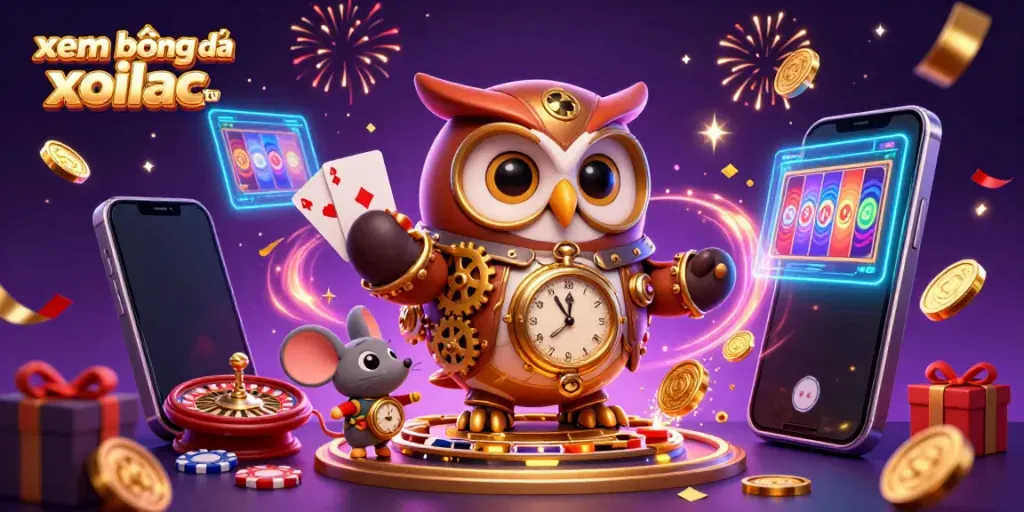 Experience xem bóng đá xoilac tv with vibrant 3D casino characters and festive gaming elements.