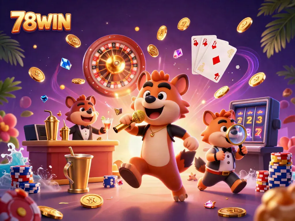 Bettors enjoying 78WIN casino games with vibrant characters, cascading coins, and dynamic gaming elements.