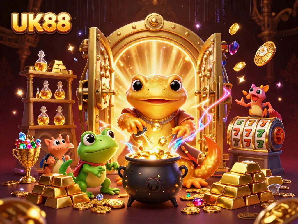 Experience the enchanting world of UK88 as the giant salamander alchemist transforms base metals into golden treasures amidst vibrant casino elements.