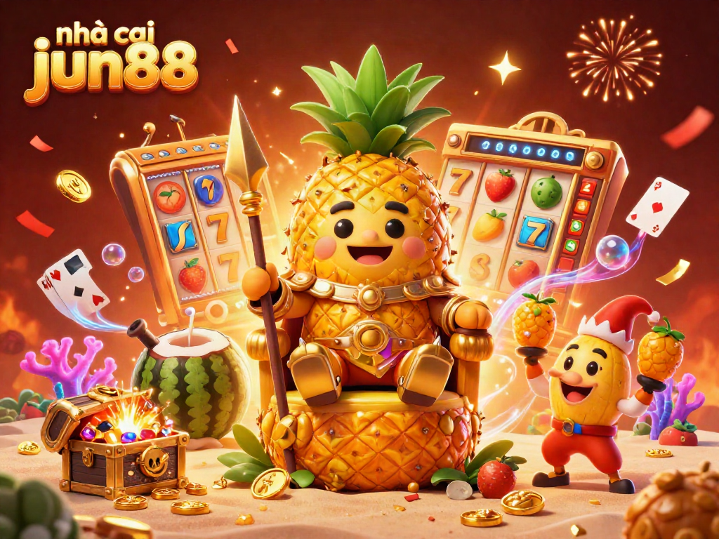 Engage with nhà cái jun88 showcasing lively casino characters amidst slot reels and treasure in a vibrant 3D illustration.
