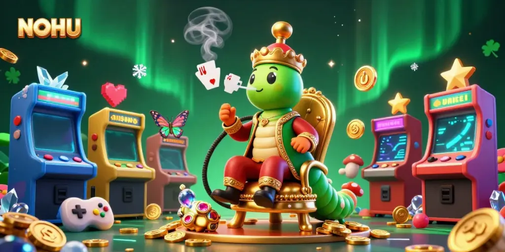 Experience the vibrant world of NOHU with dynamic casino adventures featuring a magical caterpillar and gaming elements.