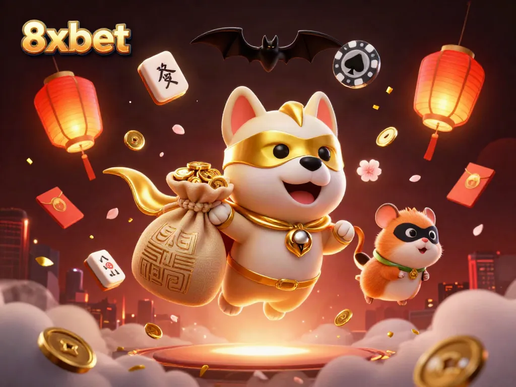 Experience thrilling gaming excitement with 8xbet's cartoon superhero dog capturing golden coins.