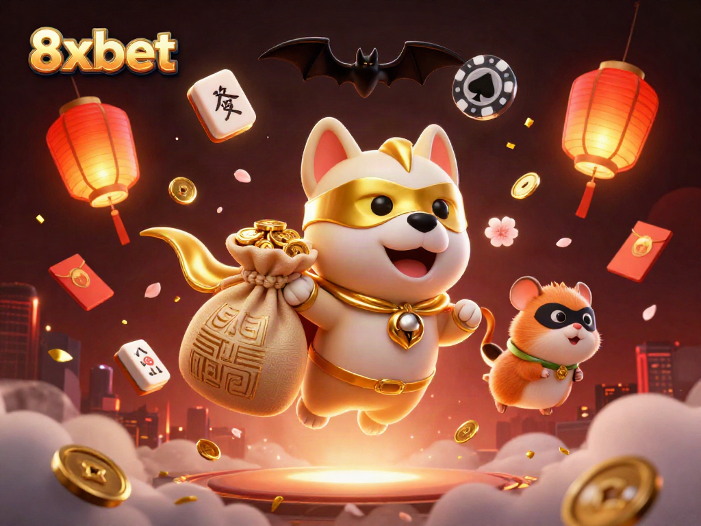 Experience thrilling gaming excitement with 8xbet's cartoon superhero dog capturing golden coins.