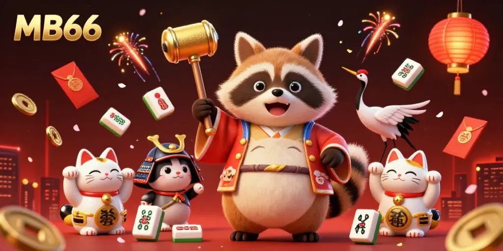 Engage in the excitement of MB66 at a vibrant 3D casino scene featuring lucky tanuki characters.