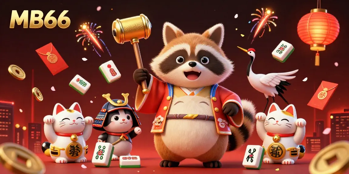 Engage in the excitement of MB66 at a vibrant 3D casino scene featuring lucky tanuki characters.