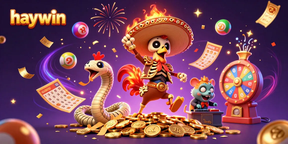 Experience haywin excitement with a dancing rooster, mummy snake, and DJ hamster in vibrant casino illustration.