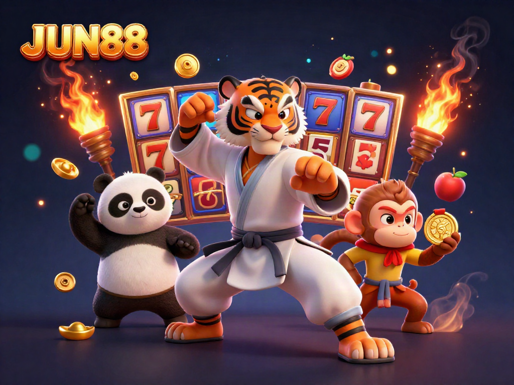 Experience the thrill of JUN88 with a vibrant 3D casino scene featuring animated characters and exciting slot game elements
