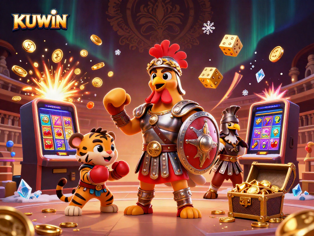 Experience excitement and winnings with KUWIN's vibrant casino elements and characters.