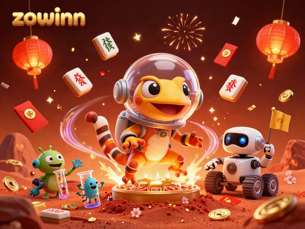 Zowinn enhances casino fun with a Martian gecko, golden casino treasures, and festive celebration elements.