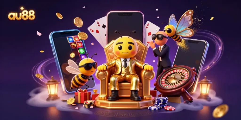 Engage with au88's vibrant casino scene featuring a cartoon bumblebee mob boss and dynamic gaming elements.