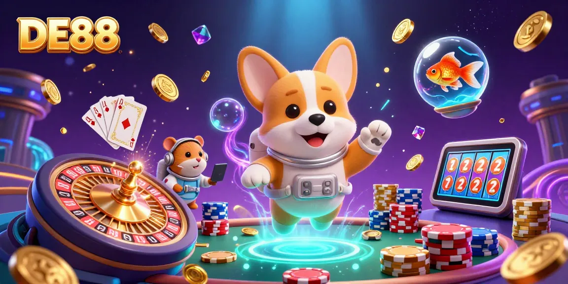 Engage with the thrilling DE88 space casino, featuring a cartoon corgi, floating coins, and vibrant gaming elements.