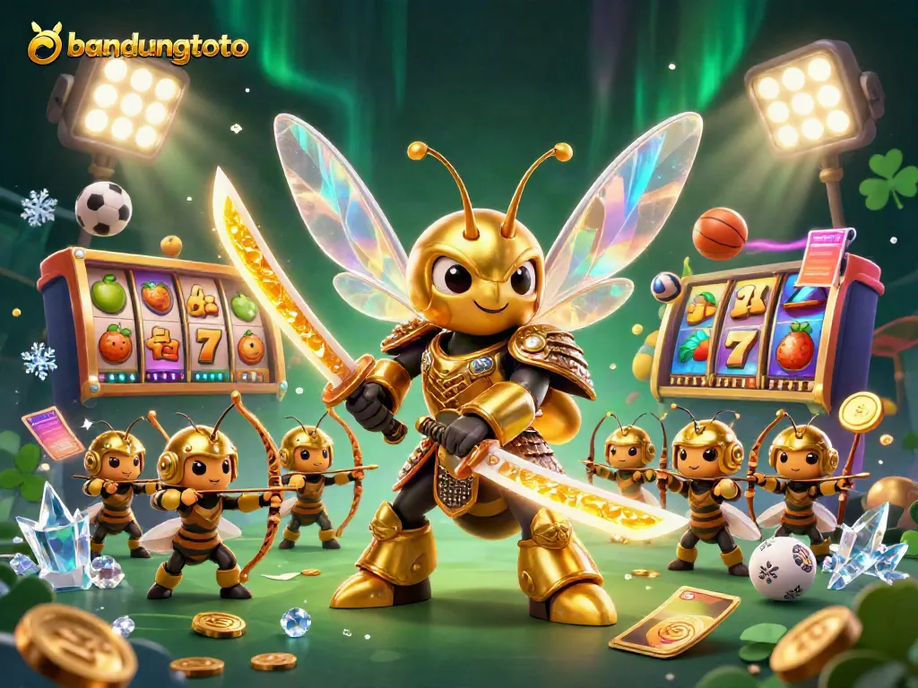 Experience the thrilling action of bandungtoto through a dynamic 3D illustration of a golden hornet warrior amidst casino games.
