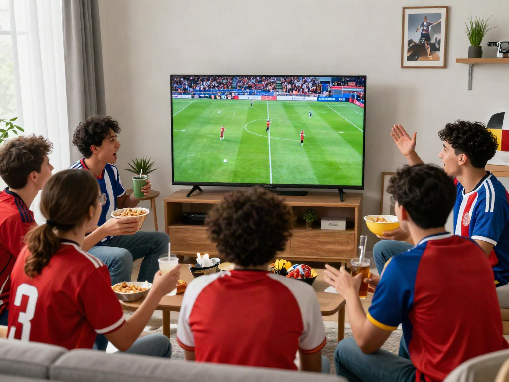 Fans enjoying a live football match on Socolive in a vibrant home setting.