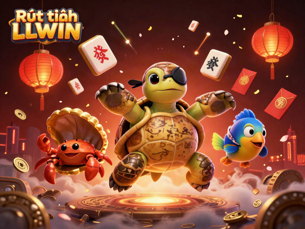 Engage with Rút tiền LLWIN through a vibrant 3D casino-themed scene featuring playful characters and symbols.