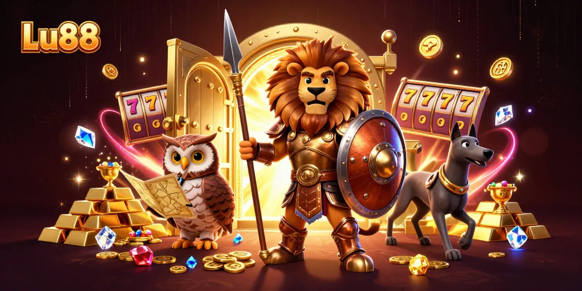 Experience thrilling wins with Lu88 in this vibrant 3D casino illustration filled with treasures and excitement.