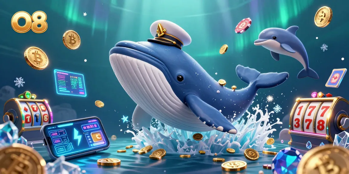 Experience O8's thrilling casino adventure with a vibrant scene of a whale, narwhal, and dolphins playing with gold coins.
