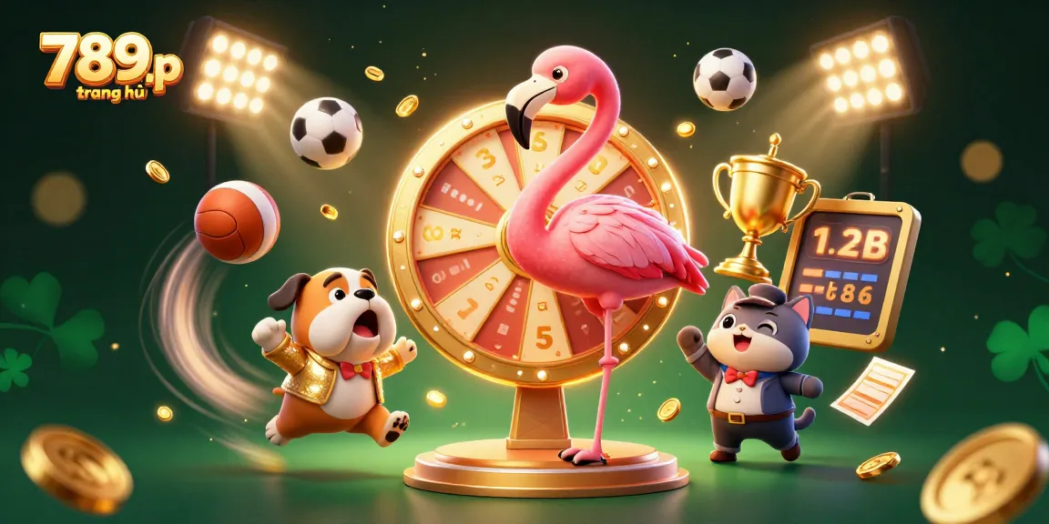 Win big with 789p trang chủ as the flamingo host spins the golden prize wheel amidst dynamic casino elements.