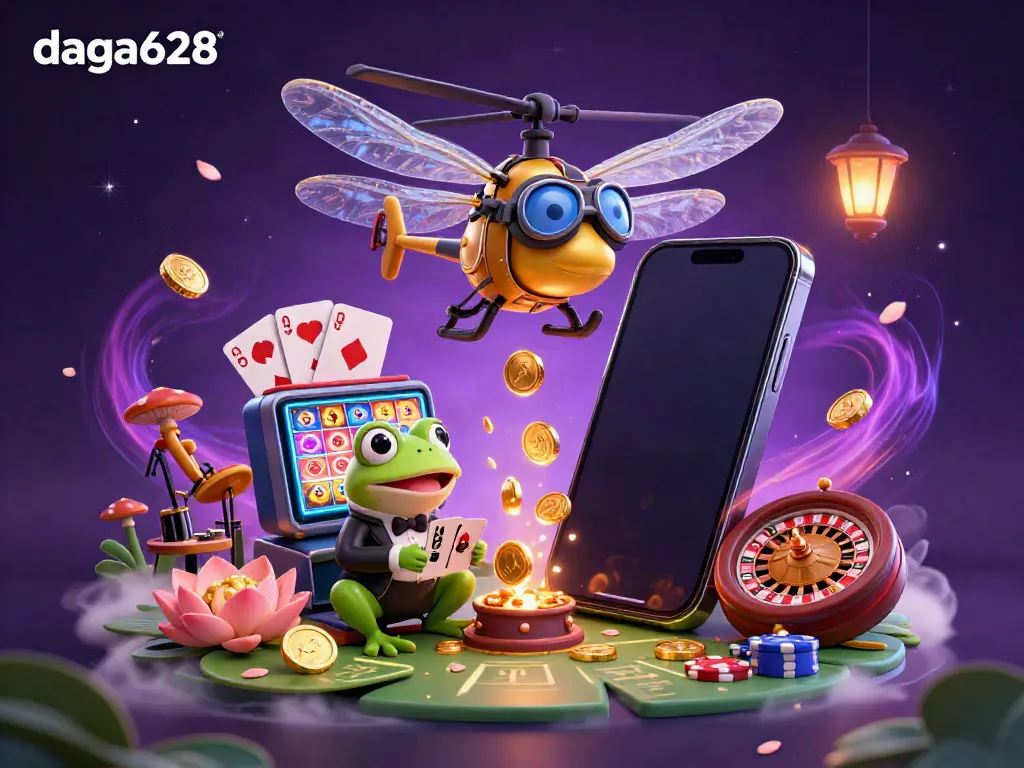 Experience gaming excitement with daga628 as a dragonfly pilot hovers over a vibrant lily pad casino.