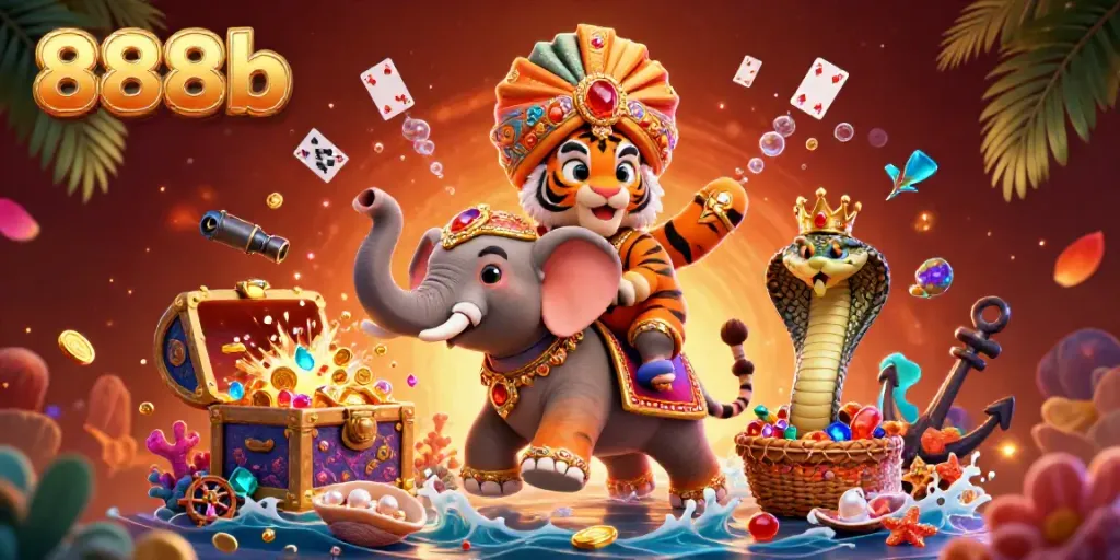 Engage with 888b in this vibrant illustration showcasing a thrilling casino atmosphere with unique characters and elements.