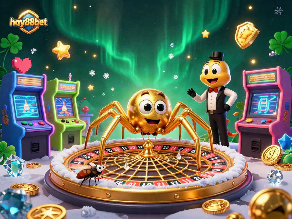 Experience thrilling betting at hay88bet with a golden spider and centipede dealer in a vibrant cartoon casino scene.