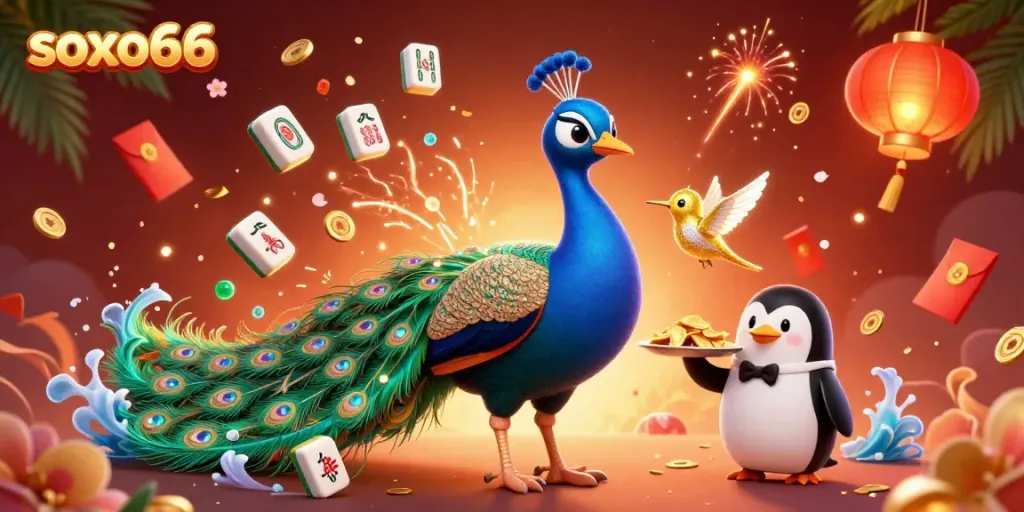 Engage with soxo66's vibrant games through a lively 3D scene of a peacock and casino elements.