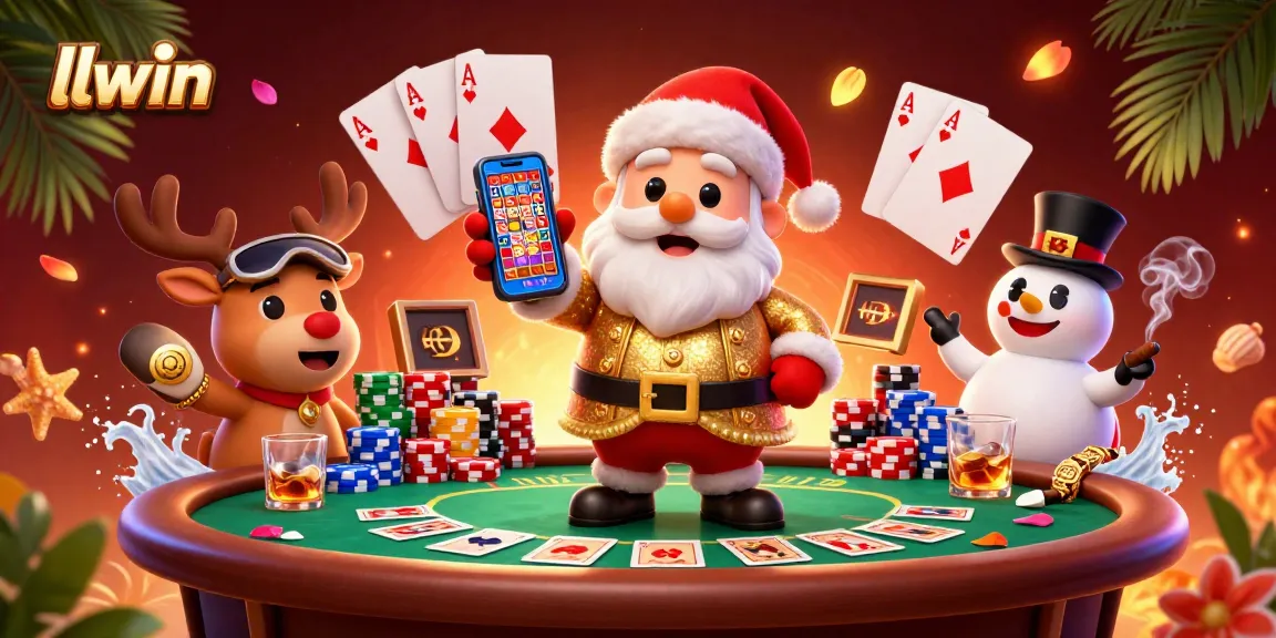 Experience thrilling gaming at llwin with a vibrant 3D casino illustration featuring Santa and friends.