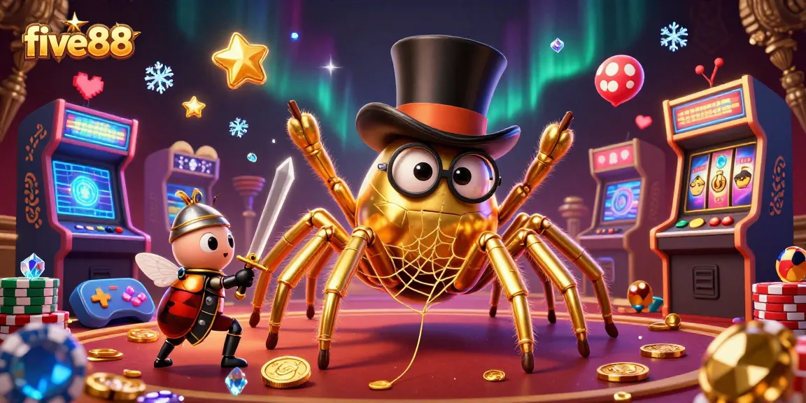 Experience five88's thrilling casino adventure with a golden tarantula, brave beetle knight, and slot reels.