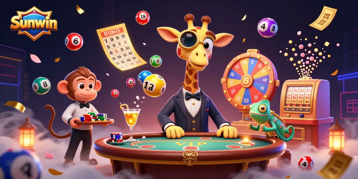 Sunwin casino features a high-roller giraffe at a VIP poker table with exciting game elements.