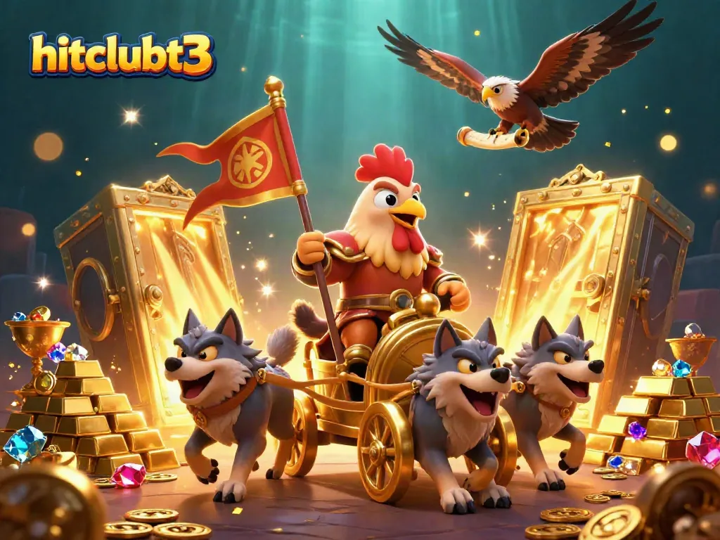 Hitclubt3 showcases a heroic rooster warlord amidst treasures and thrilling gambling elements.